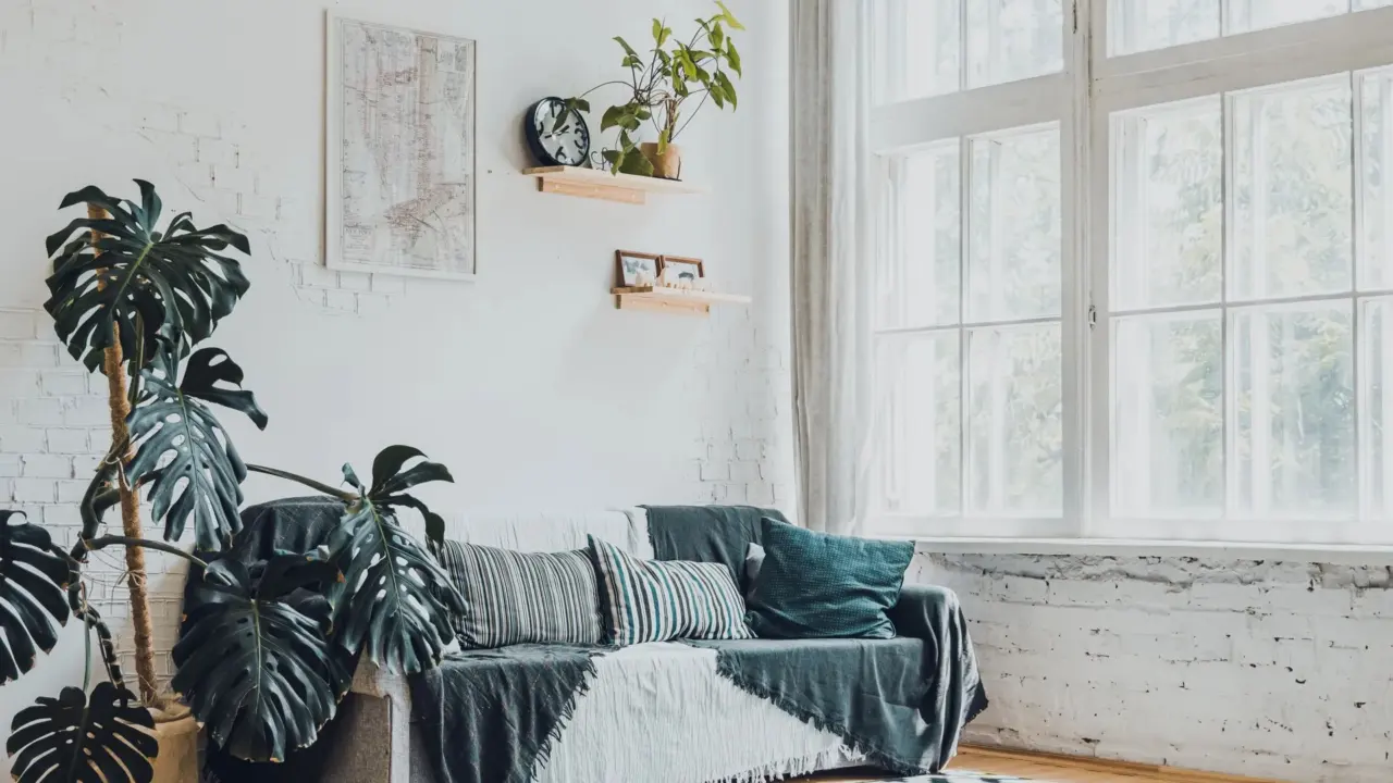 A bright living room with a sofa, rug and wall art